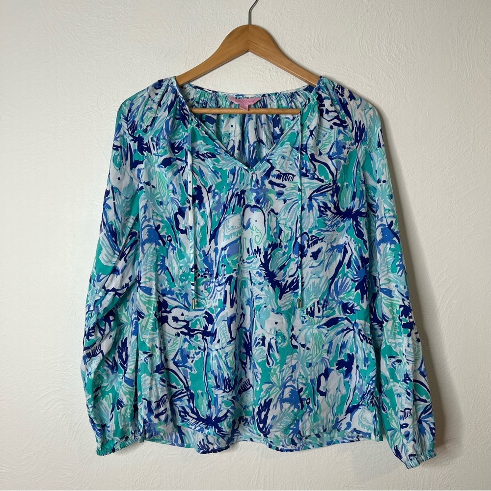 Lilly Pulitzer Willa Top Blue Tropical Print Blouse Long Sleeves Size S Small